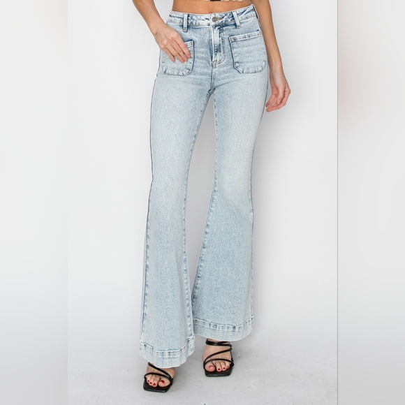 RISEN High-Rise Waist Slim Jeans Flare Hem Retro 90s Patch Pocket Denim Pants - Picture 13 of 16